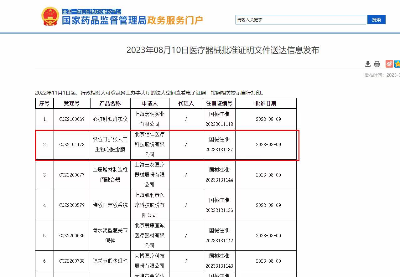 北京佰仁医疗科技股份有限公司关于自愿披露创新产品“限位可扩张人工生物心脏瓣膜”获批注册的公告